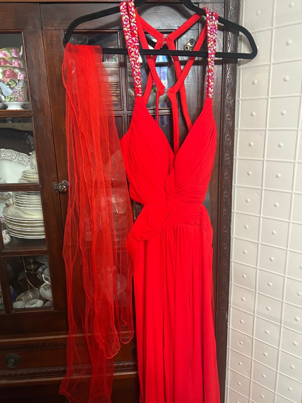 Prom: Red Ruched Prom Dress with Embellished Straps NWT - Picture 9 of 11